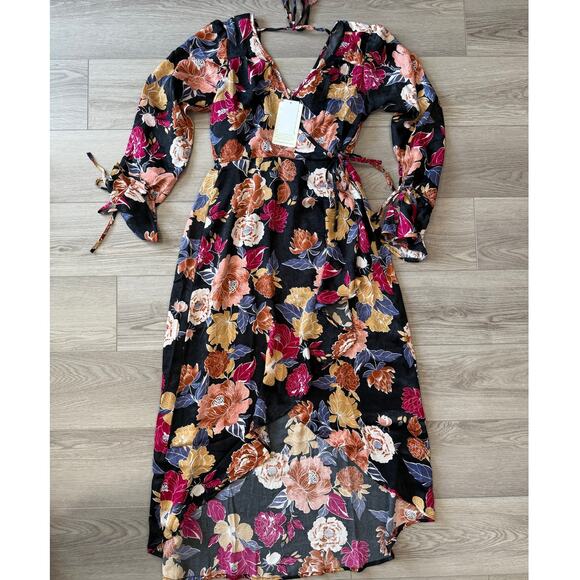 Band of the Free Boho Floral Stevie Nicks Hi-Lo Wrap Maxi Dress Long Sleeve M - Picture 3 of 5